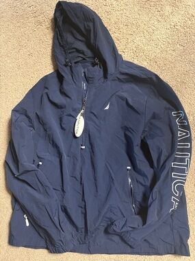 Nautica Navy Hooded Pullover Windbreaker with Sleeve Logo
